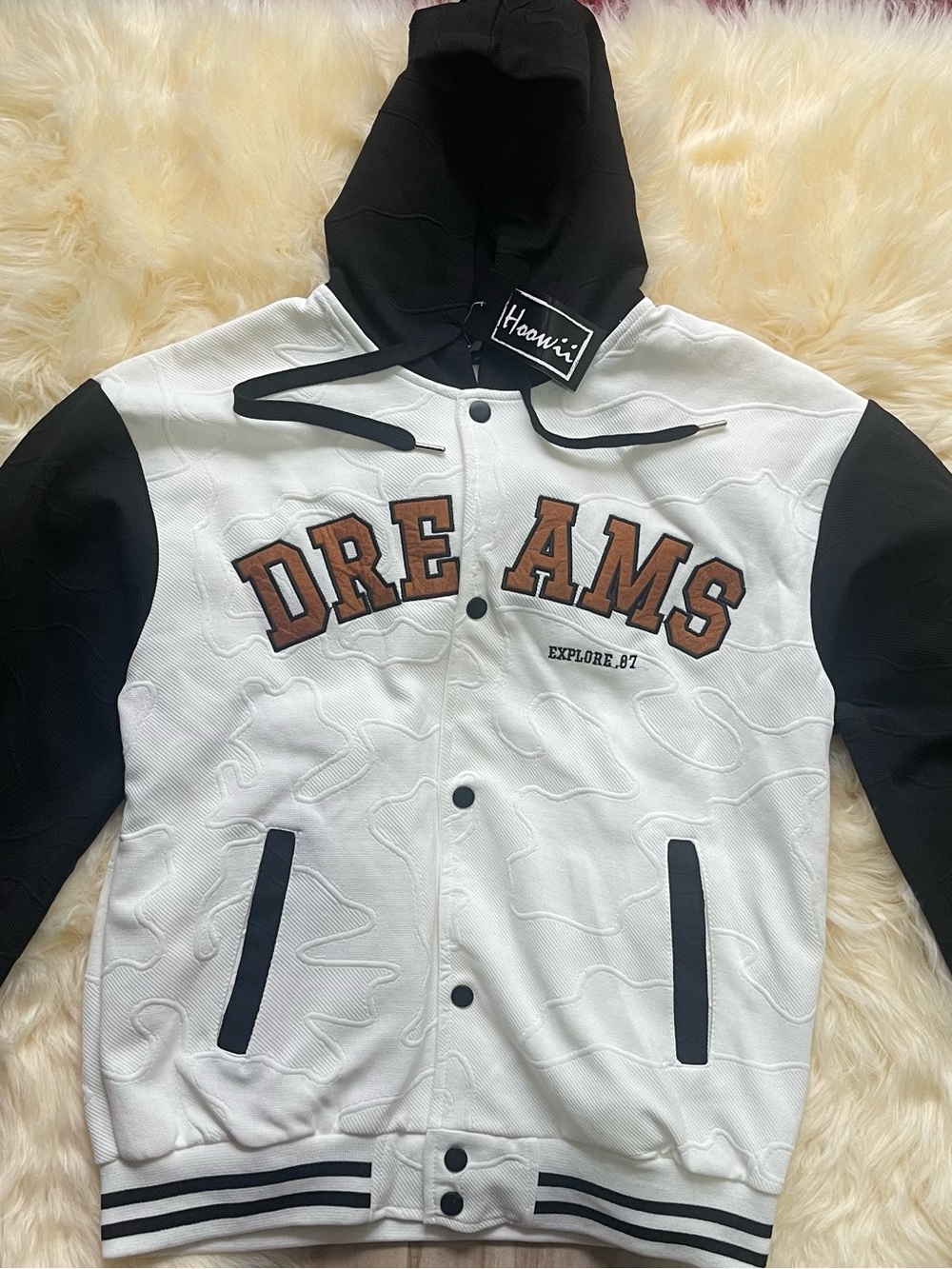 Youth White & Black 'Dreams' Hooded Varsity Jacket